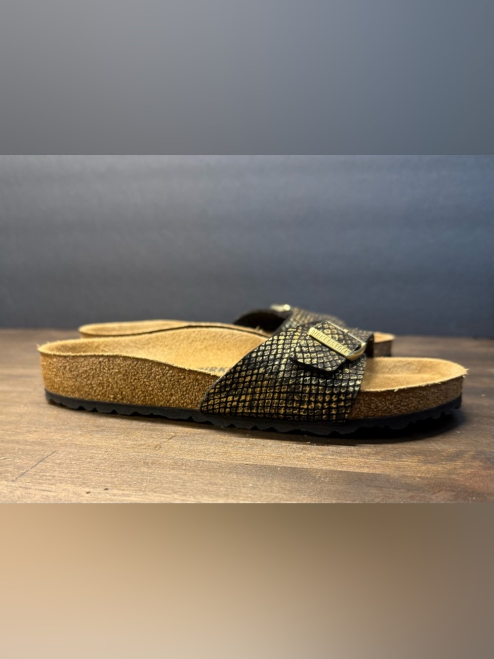 Birkenstock Madrid Metallic Sandals EU 38 Black Gold Snake Texture - Picture 5 of 8